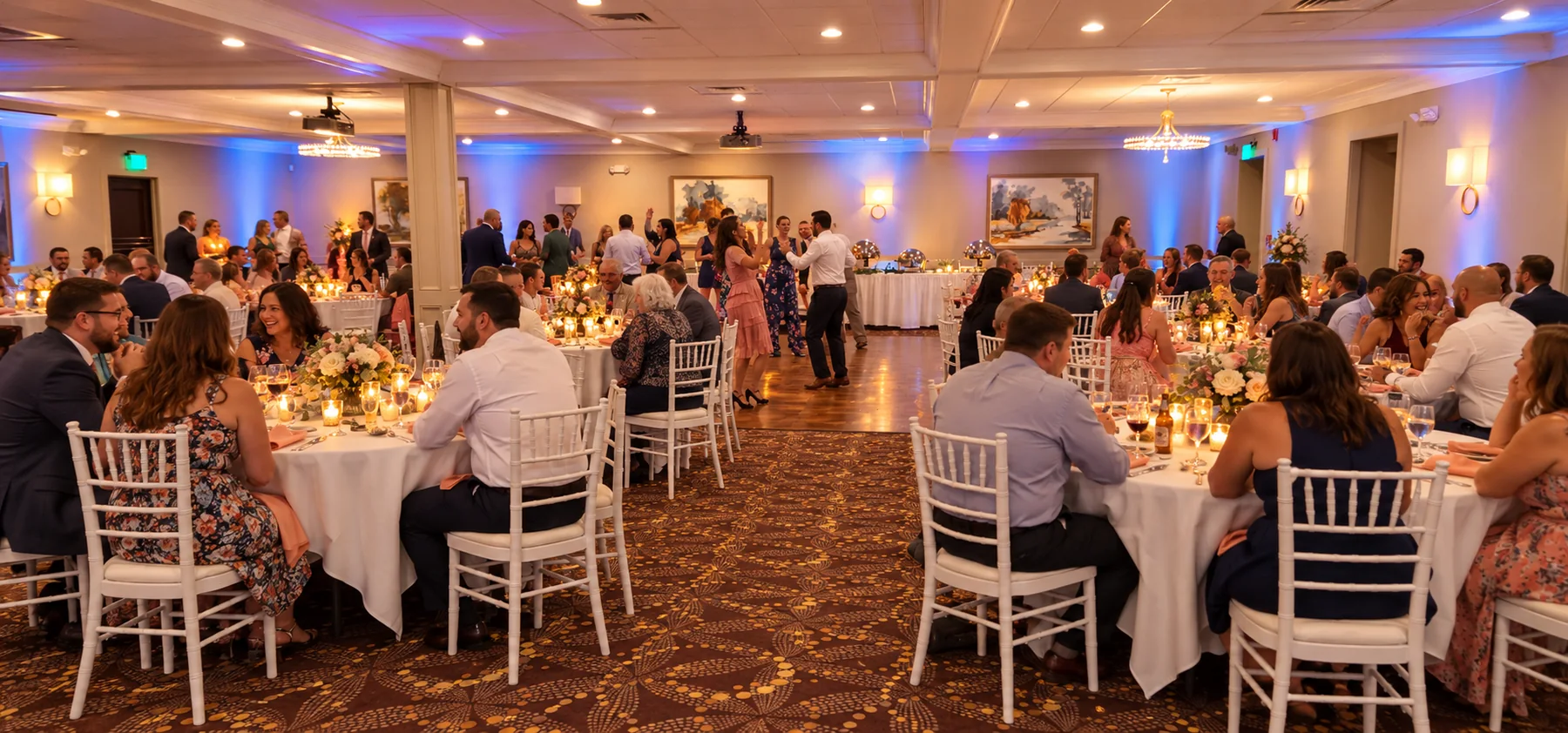 Guests dining and dancing at a warmly lit MNE event reception